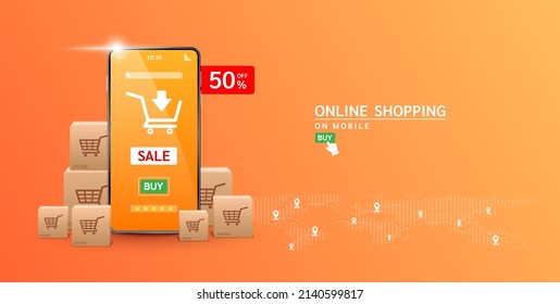 Smartphone with shop app. Shopping online on website in mobile application. Pay by credit card quick easy. Digital online marketing concept. Isolated on orange background 3D vector.
