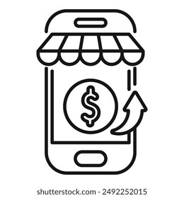 Smartphone with a shop awning above it is showing a rising arrow behind a us dollar sign, representing increasing profits