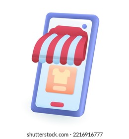 Smartphone with shop awning and clothes symbol on screen 3D icon. Mobile application or internet clothing store 3D vector illustration on white background. Online shopping, technology, fashion concept