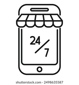 Smartphone with a shop awning is showing 247 availability, representing the concept of online shopping