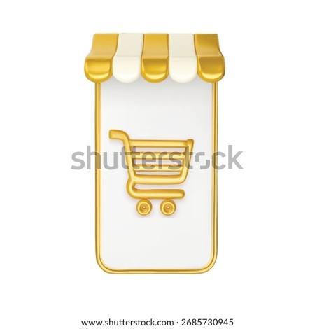 Smartphone with shop canopy icon. Mobile phone mockup with store awning gold and white color and shopping cart. Online shop 3d render vector object