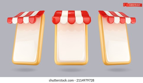 Smartphone with shop canopy icon set. Online shop 3d render vector objects