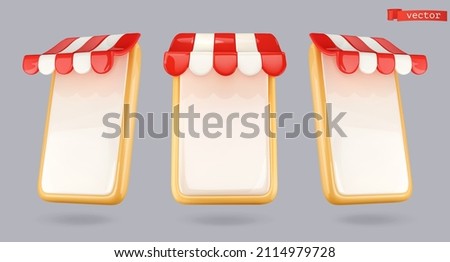 Smartphone with shop canopy icon set. Online shop 3d render vector objects