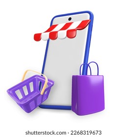 Smartphone with shop canopy. Store awning on mobile phone mockup. Realistic vector illustration of phone , shopping cart , and packages