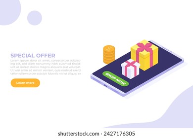 Smartphone shop event,  season sale, online shopping event. Flat Isometric  illustration. Can use for web banner, infographics.