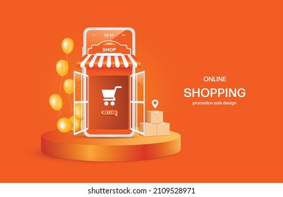 Smartphone shop had the door open and inside there was a shopping cart icon and beside it were balloons and parcel boxes. All were placed on a round podium,vector3d for delivery and online shopping