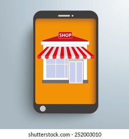 Smartphone with shop on the gray background. Eps 10 vector file.