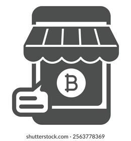 Smartphone with shop roof and bitcoin solid icon, shopping finance concept. Vector graphics. Message coin store phone sign on white background, glyph style icon for mobile or web design