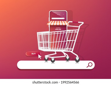 la tienda de smartphones en el carrito de la compra y el carrito de la compra está en el icono de la pestaña buscador web. y hay un icono de compra junto a él para comprar concepto en línea, vector 3d sobre fondo morado naranja