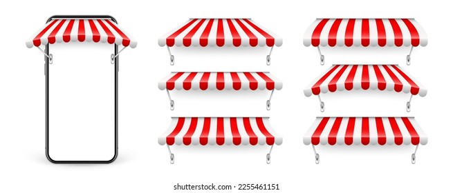 Smartphone with shop sunshade and metal mount, online internet shopping. Realistic red striped cafe awning. Outdoor market tent. Roof canopy. Summer street store. Vector illustration