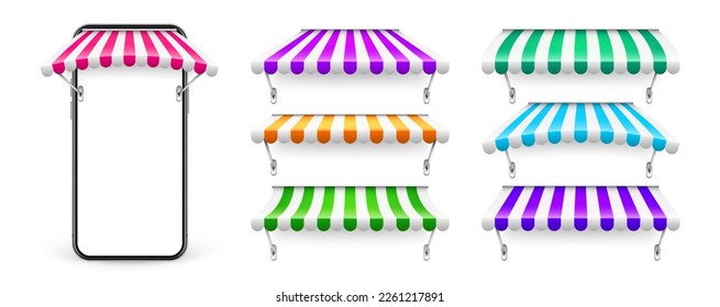 Smartphone with shop sunshade and metal mount, online internet shopping. Realistic striped cafe awning. Outdoor market tent. Roof canopy. Summer street store. Vector illustration