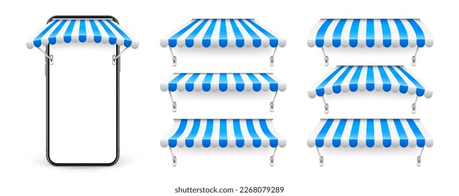 Smartphone with shop sunshade and metal mount, online internet shopping. Realistic blue striped cafe awning. Outdoor market tent. Roof canopy. Summer street store. Vector illustration