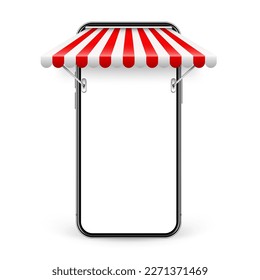 Smartphone with shop sunshade and metal mount, online internet shopping. Realistic red striped cafe awning. Outdoor market tent. Roof canopy. Summer street store. Vector illustration