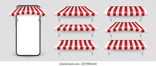 Smartphone with shop sunshade and metal mount, online internet shopping. Realistic red striped cafe awning. Outdoor market tent. Roof canopy. Summer street store. Vector illustration