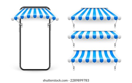 Smartphone with shop sunshade and metal mount, online internet shopping. Realistic blue striped cafe awning. Outdoor market tent. Roof canopy. Summer street store. Vector illustration