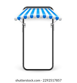 Smartphone with shop sunshade and metal mount, online internet shopping. Realistic blue striped cafe awning. Outdoor market tent. Roof canopy. Summer street store. Vector illustration