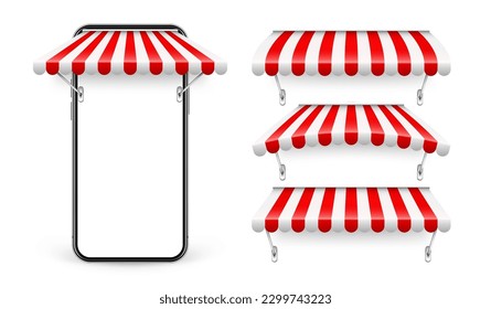 Smartphone with shop sunshade and metal mount, online internet shopping. Realistic red striped cafe awning. Outdoor market tent. Roof canopy. Summer street store. Vector illustration