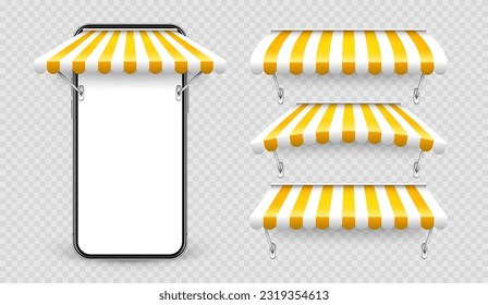 Smartphone with shop sunshade and metal mount, online internet shopping. Realistic yellow striped cafe awning. Outdoor market tent. Roof canopy. Summer street store. Vector illustration