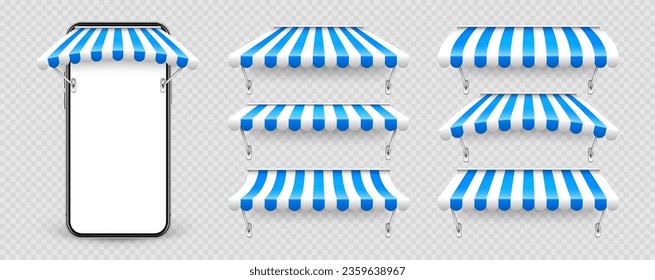 Smartphone with shop sunshade and metal mount, online internet shopping. Realistic blue striped cafe awning. Outdoor market tent. Roof canopy. Summer street store. Vector illustration