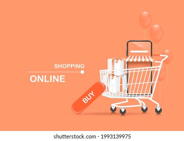 smartphone shop and white gift box in shopping cart and there is a buy icon leaning next to it for shopping online concept,vector 3d isolated on pastel pink background