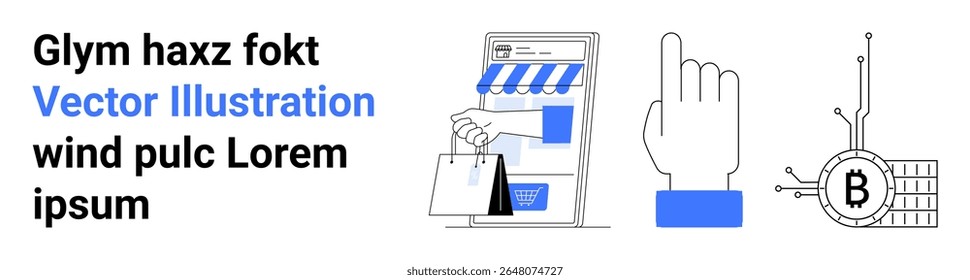 Smartphone com aplicativo de compras, sacolas de compras, mão do cursor e símbolo Bitcoin. Ideal para e-commerce, fintech, transações on-line, marketing digital, aplicativos móveis, criptomoeda e negócios modernos