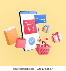 Smartphone with shopping app, bags, gifts, shopping basket and credit card: online shopping app