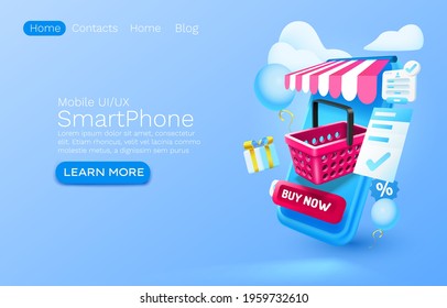 Smartphone shopping app banner concept, place for text, buy online application shop, authorization mobile service. Vector illustration