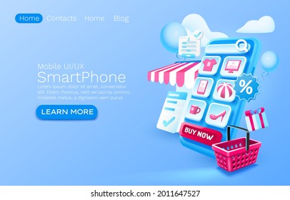 Smartphone shopping app banner concept, place for text, buy online application shop, authorization mobile service. Vector illustration