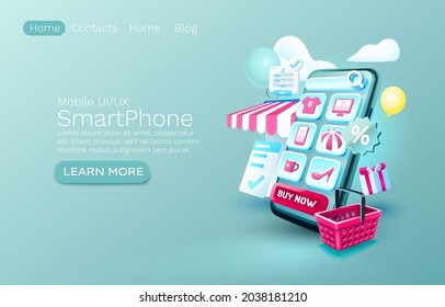 Smartphone shopping app banner concept, place for text, buy online application shop, authorization mobile service. Vector illustration