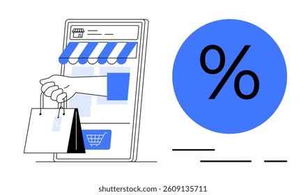 Smartphone with shopping app, hand holding shopping bags, large percentage symbol. Ideal for e-commerce, sales promotion, mobile shopping, discounts, online store graphics, marketing campaigns