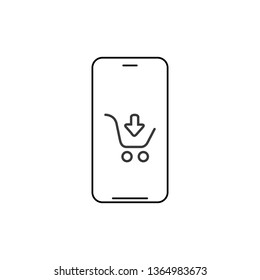 Smartphone shopping app linear icon. Thin line illustration. Smart phone with shopping cart contour symbol. Vector illustration isolated on white background.