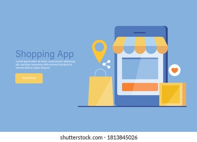 Aplicación de compras para smartphone, Shopping with mobile app technology, aplicación de comercio electrónico para marketing - ilustración conceptual vectorial