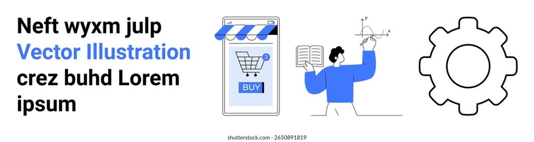 Smartphone with a shopping app, a person reading and pointing at a star chart, and a large gear graphic. Ideal for e-commerce, online education, technology, business strategies, digital marketing