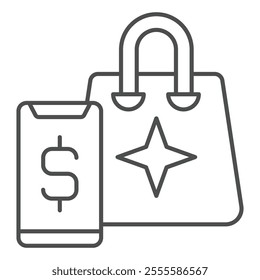 Smartphone with shopping bag thin line icon, consumer packet concept. Vector graphics. Phone with dollar and bag sign on white background, outline style icon for mobile or web design