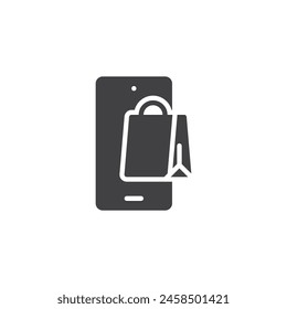 Icono de Vector de smartphone y bolso de compras. signo plano relleno para concepto móvil y Diseño web. Icono de glifo de Mobile Shopping. Símbolo, ilustración del logotipo. Vector gráfico