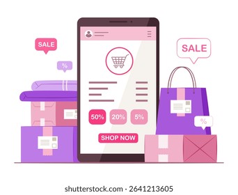 Smartphone with Shopping Bags and Merchandise Boxes for Online Shopping and E-Commerce Concept Illustration