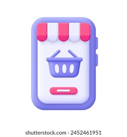 Smartphone with shopping basket or cart on phone screen. Order products from a smartphone application. Delivery, online store and online shopping concept. 3d vector icon. Cartoon minimal style.