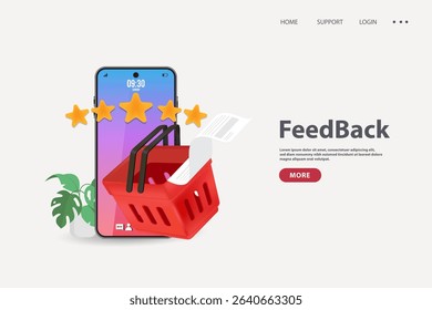 A smartphone with a shopping basket and five stars, symbolizing online shopping feedback.