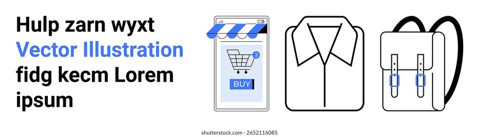 Smartphone com um aplicativo de carrinho de compras, uma camisa e uma mochila. Ideal para e-commerce, varejo online, moda, aplicativo móvel, campanhas de compras, marketing digital e web design. Página inicial