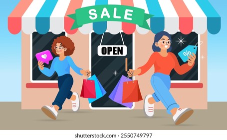 Smartphone with a shopping cart and bag on the screen, surrounded by people shopping in various poses, with floating shopping icons and a faint city background. vector and illustration.