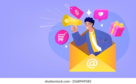Smartphone with a shopping cart and bag on the screen, surrounded by people shopping in various poses, with floating shopping icons and a faint city background. vector and illustration.