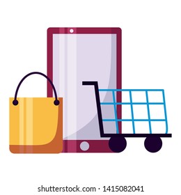 smartphone shopping cart and bag vector illustration