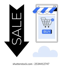 Smartphone with shopping cart and buy button. Large black arrow pointing downwards with sale text. Ideal for ecommerce, digital marketing, discounts, online stores, mobile shopping. Minimalistic