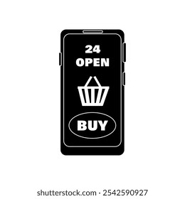 Smartphone with shopping cart and buy button on the screen turned on. Sale, black friday, discounts, online shopping. Vector black and white illustration