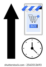 Smartphone with shopping cart and buy button, large upward arrow, and analog clock