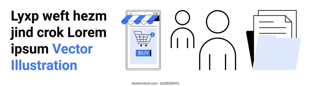 Smartphone with shopping cart and buy button, user figures, folders with documents. Ideal for e-commerce, user interface, business presentations, digital marketing, team management, data