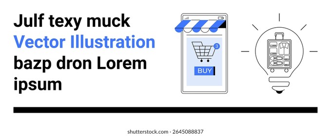 Smartphone with shopping cart and BUY button next to light bulb with gears. Ideal for e-commerce, technology, innovation, online retail, startups, mobile apps, tech solutions. Landing page