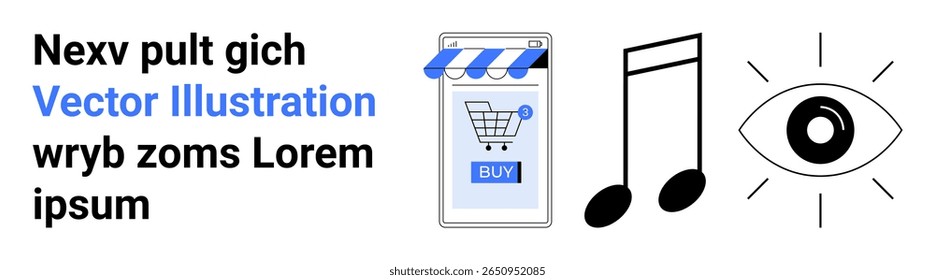Smartphone com carrinho de compras e botão de compra, nota musical e olho aberto. Ideal para comércio eletrônico, aplicativos móveis, marketing digital, plataformas de música, mídia visual, design na Web e interface do usuário. Página inicial