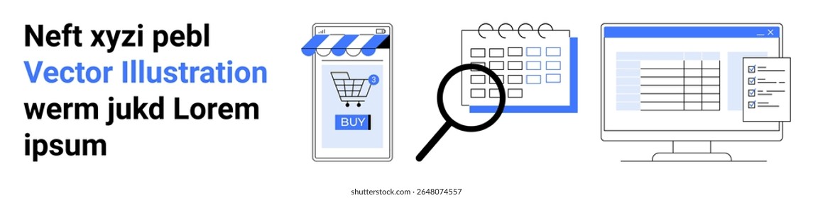 Smartphone com carrinho de compras, calendário de mesa, lupa e tela de desktop. Ideal para marketing, planos de negócios, apresentações, sites, comércio eletrônico, compras on-line, rastreamento de projetos