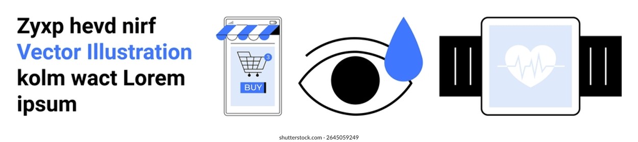 Smartphone with shopping cart, eye monitoring, tear drop, smartwatch with heart rate. Ideal for healthcare technology, eCommerce apps, digital marketing, visual data, wearable tech, eye care, smart
